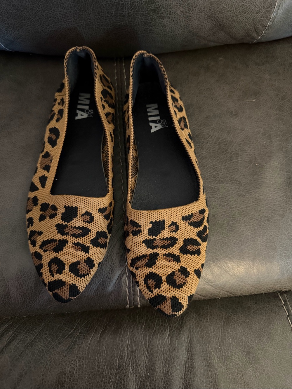MIA Leopard Knit Pointed Toe Flats - Tan and Black